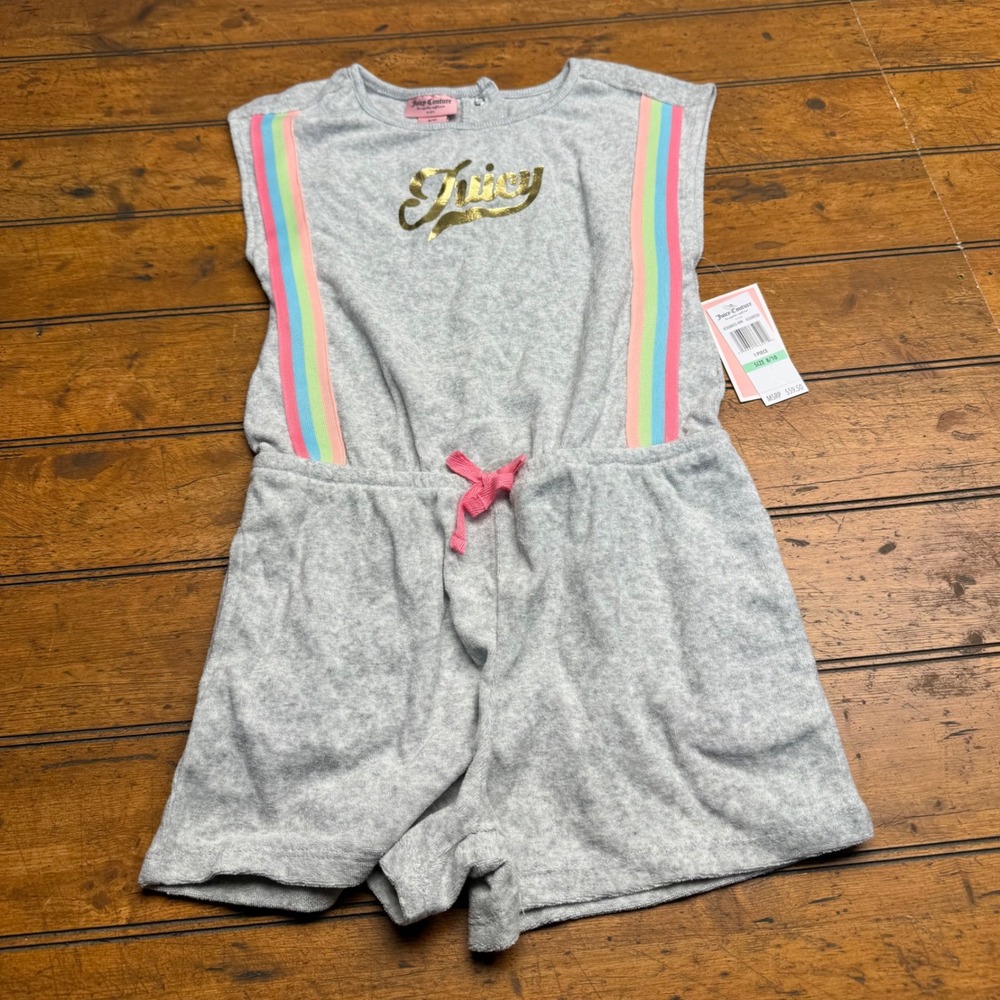 Juicy Couture Kids Gray Terry Cloth Romper Rainbow‎ Stripe Gold Size 8/10 NWT